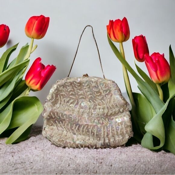 Vintage white purse, small beaded hand made, 80s vintage, wedding